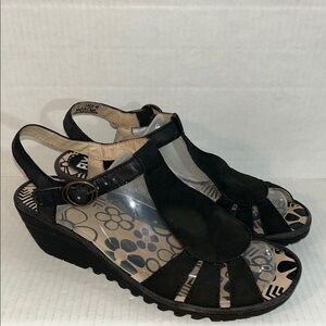 Fly London Black Strappy Wedge Sandals